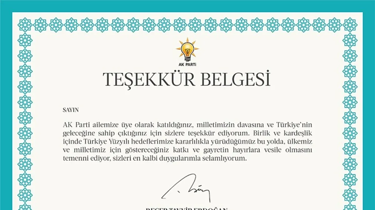AK Parti 11 milyon üyesine Erdoğan imzalı teşekkür belgesi gönderiyor