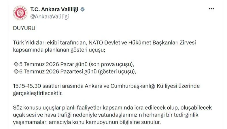 Ankara’da Türk Yıldızları gösteri uçuşu: Valilikten tedirgin olmayın çağrısı