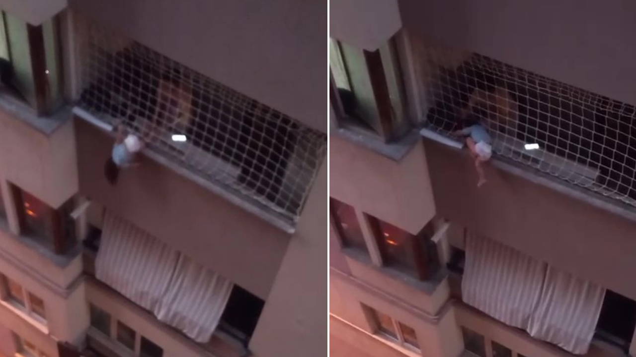 Balkon filesinde asılı kalan çocuk için yürekleri ağızlara getiren anlar