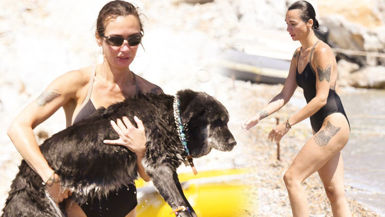 Birce Akalay Bodrum’da köpekleriyle denizde fizik tedavi yaptı
