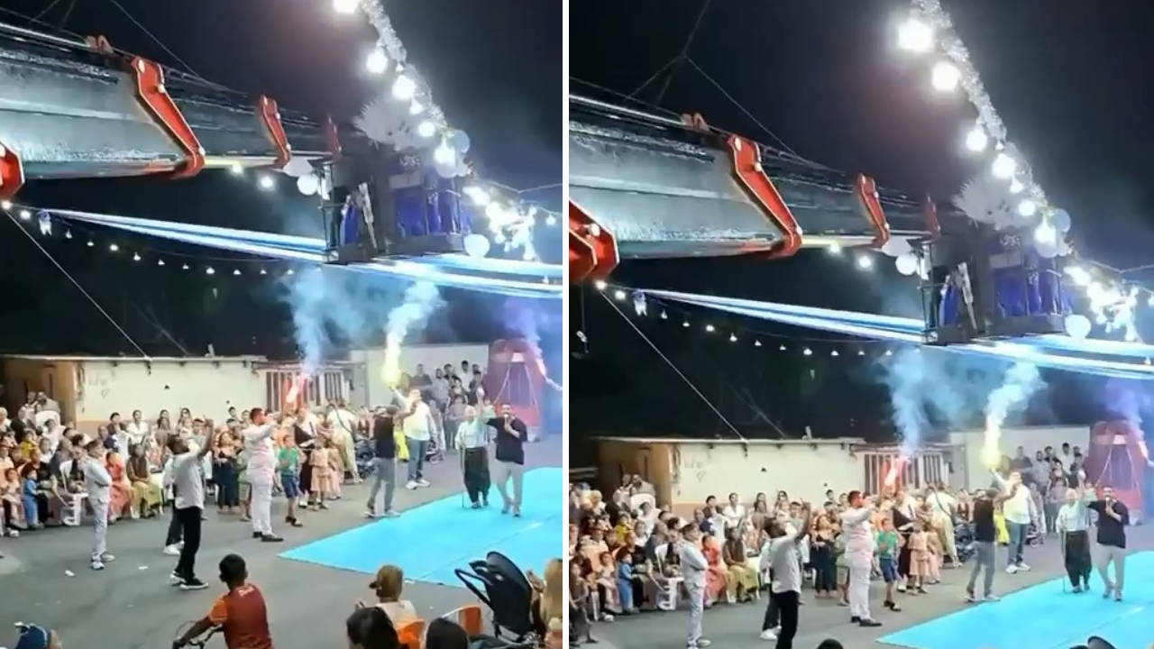 Bursa'da Gelin ve Damat Sahneye Vinçle İndi