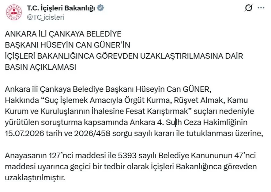 Çankaya Belediye Başkanı Hüseyin Can Güner Görevden Uzaklaştırıldı