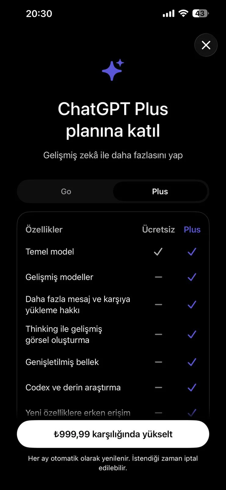ChatGPT Plus Türkiye’ye zam: Yeni aylık ücret 999 TL