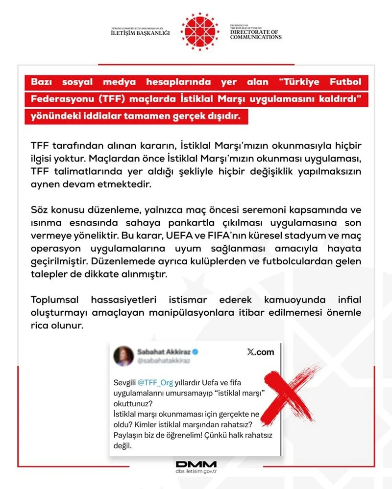 DMM'den 'İstiklal Marşı maçlardan kaldırıldı' iddiasına yalanlama