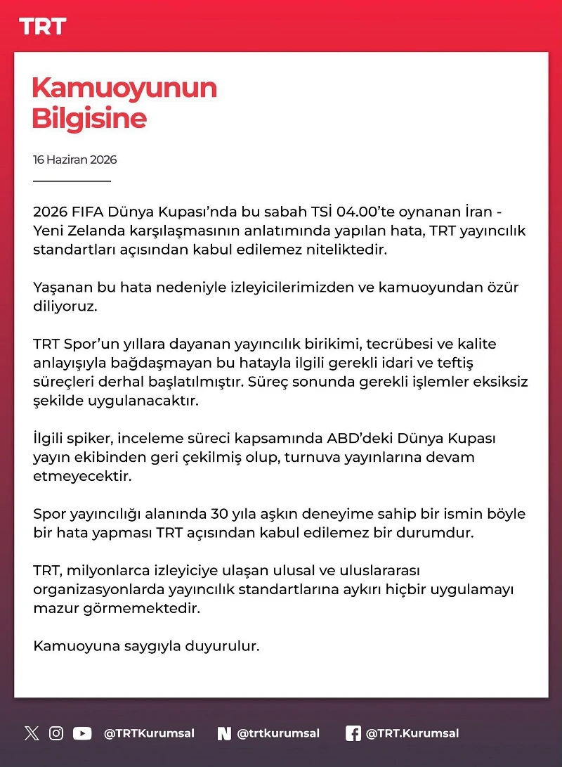Dünya Kupası'nda TRT spikeri maç sonu görevden alındı