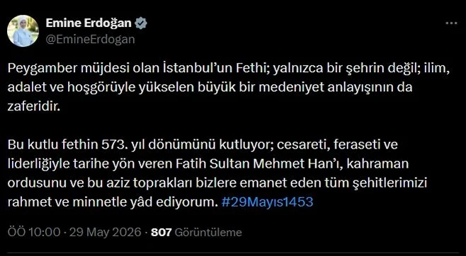 Emine Erdoğan: İstanbul'un Fethi Medeniyetimizin Gururudur