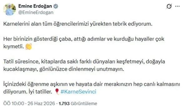 Emine Erdoğan'dan öğrencilere karne mesajı: Kitap, doğa ve dinlenme vurgusu