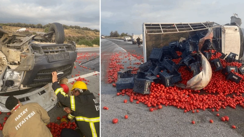 Erzin'de domates yüklü kamyonet takla attı: 2 yaralı