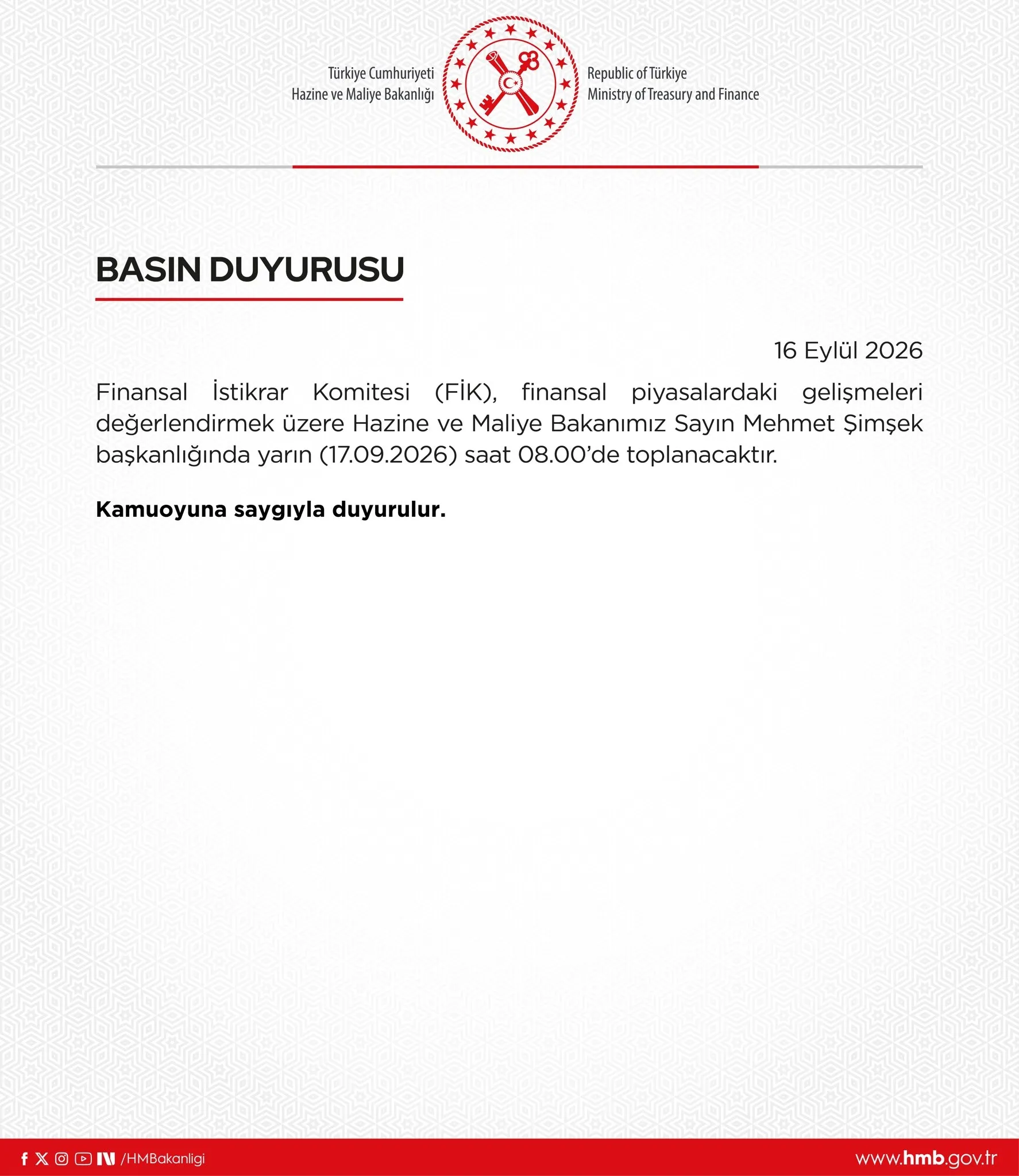 Finansal İstikrar Komitesi 17 Eylül'de Toplanıyor