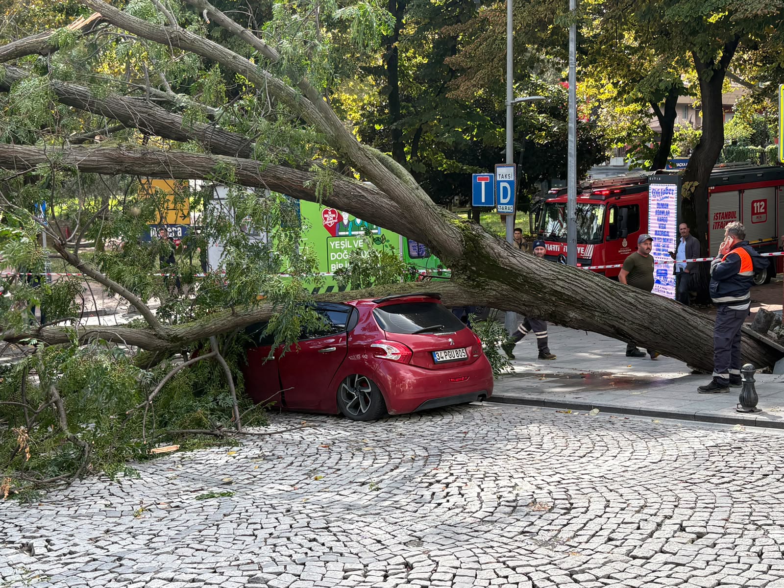 Harbiye'de Fırtına Ağacı Otomobilin Üzerine Devirdi