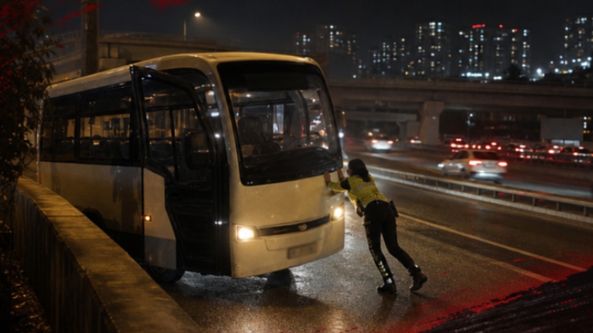 Kadın Trafik Polisi Arızalanan Midibüsü İtti, Trafik Rahatladı