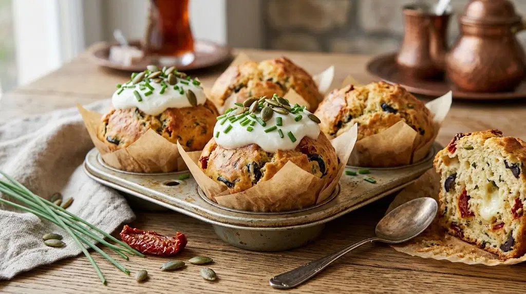 Kahvaltı ve çay saatlerine tuzlu lezzet: Kuru domatesli zeytinli muffin