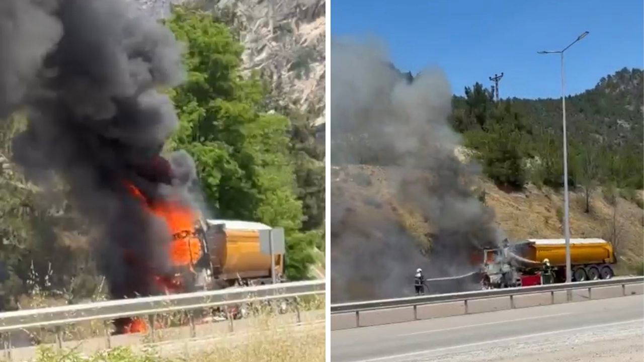 Karabük-Ankara yolunda hafriyat kamyonu alevlere teslim oldu