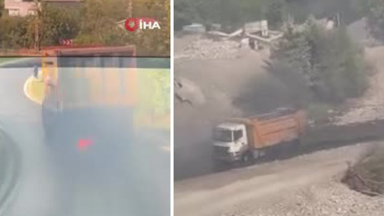 Kastamonu'da balataları yanan kamyon dereye sürüldü