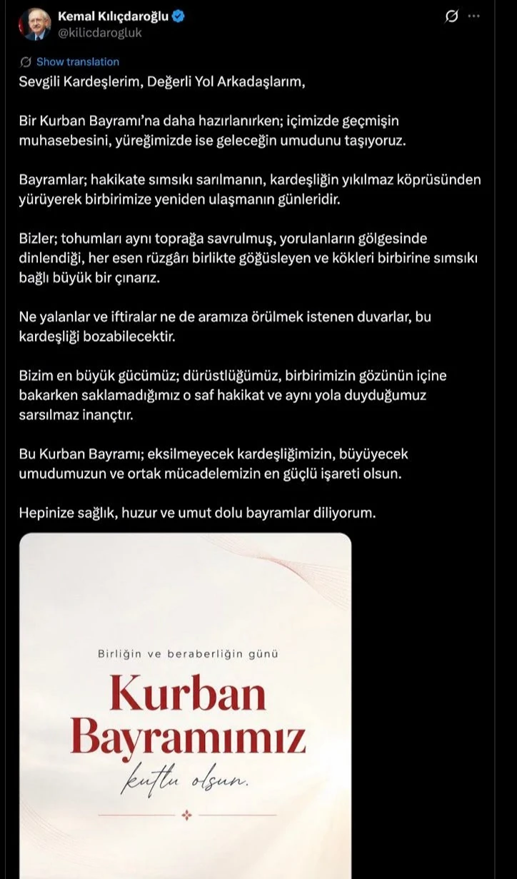 Kılıçdaroğlu'ndan Kurban Bayramı mesajında Özgür Özel'e gönderme