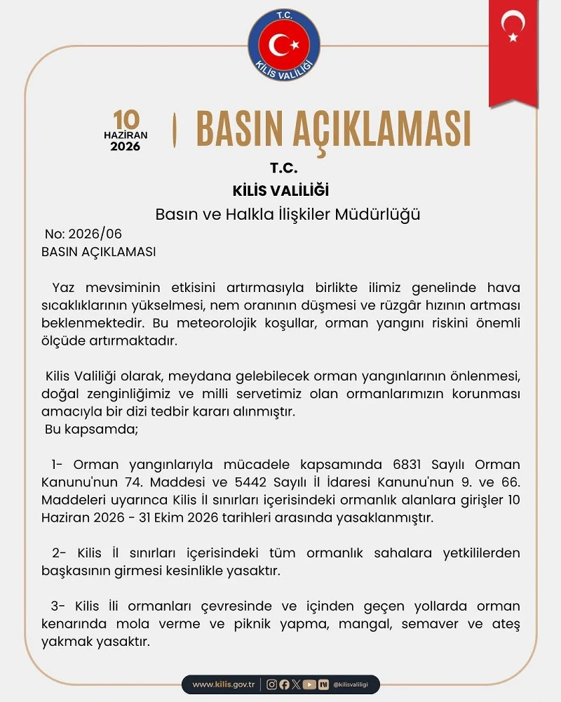 Kilis'te orman yangını riskine karşı girişler 31 Ekim'e kadar yasak