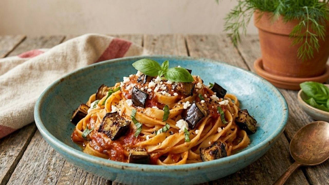 Köz patlıcanlı domatesli fettuccine tarifi: Her lokmada lezzet patlaması
