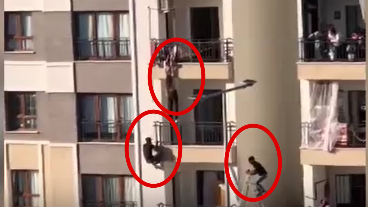 Küçük kız balkon düşerken komşunun kahramanlık anları kamerada