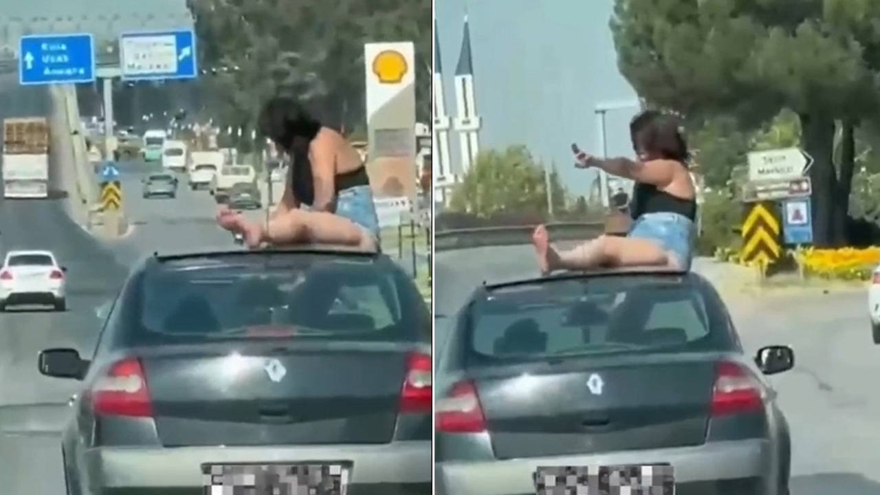 Manisa'da Cadde Ortasında Açılır Tavan'dan Kaputa Geçen Kadın Kamerada