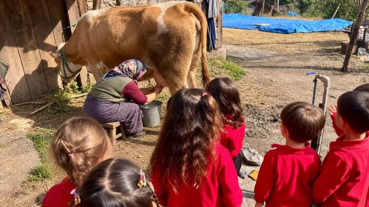 Minik öğrenciler çiftlikte süt üretimini öğrendi