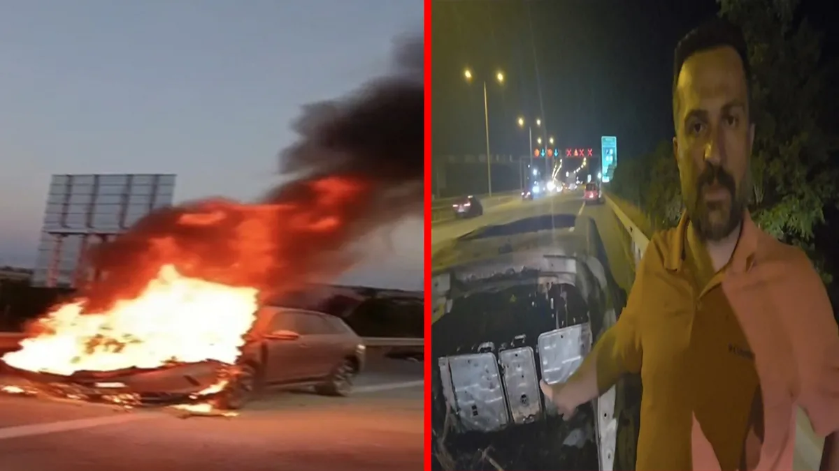 Otoyol'da feci yangın: Elektrikli otomobil alev topuna döndü, aile son anda kurtuldu