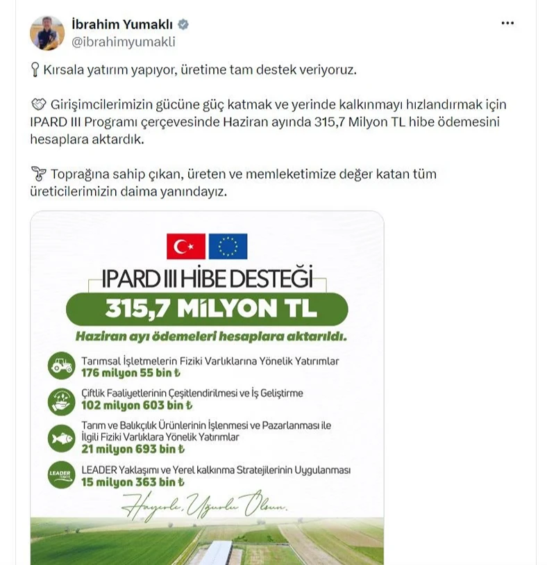 Tarım Bakanı duyurdu: 315,7 milyon TL ödeme hesaplara yatırıldı