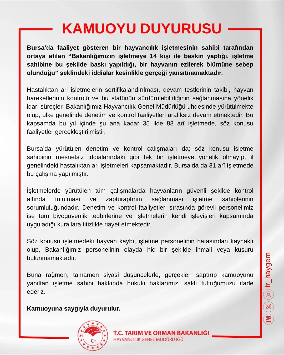 Bakanlık Bursa'daki hayvancılık işletmesi iddialarını yalanladı