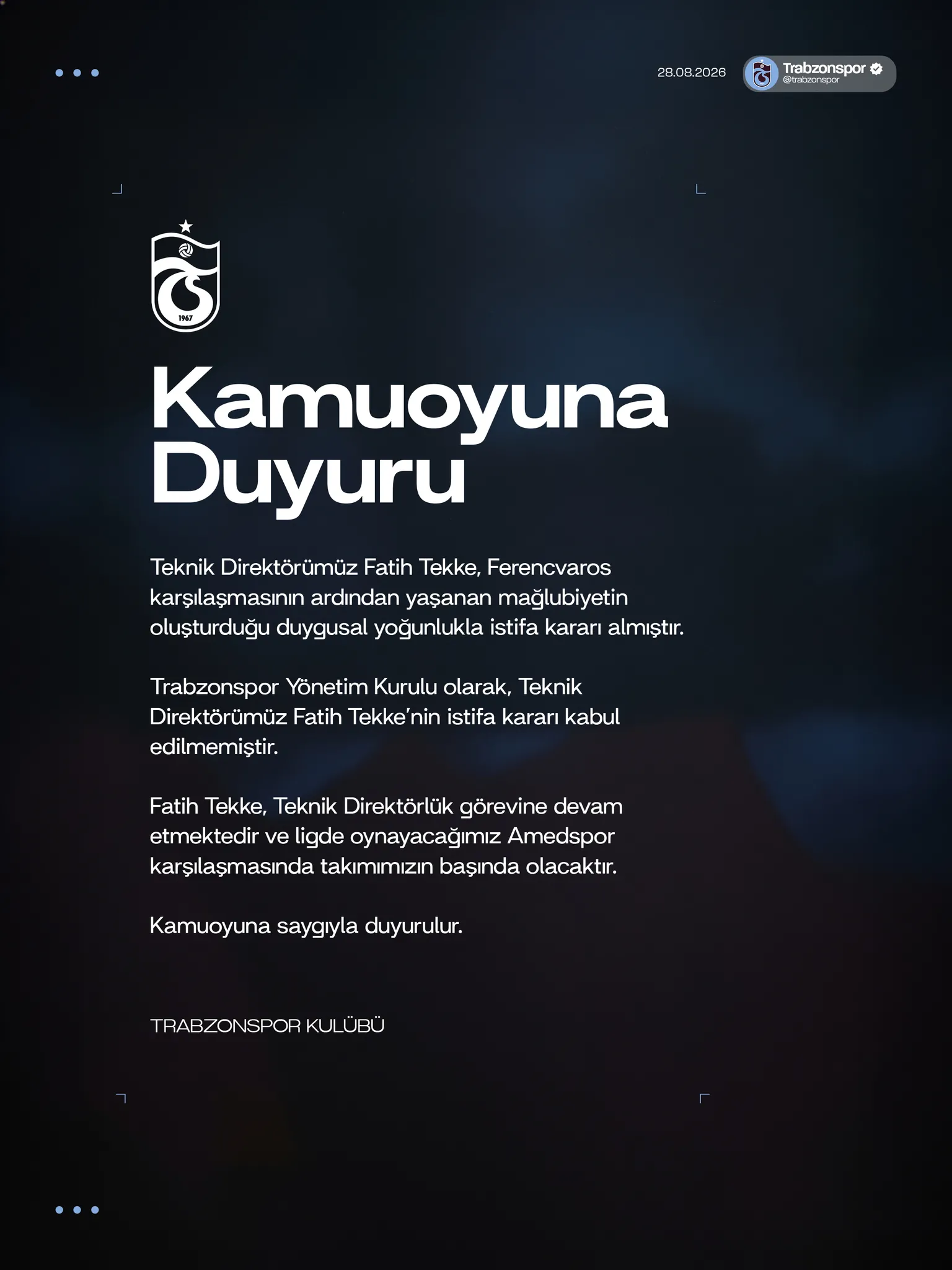 Trabzonspor yönetiminden Fatih Tekke'ye istifa ret