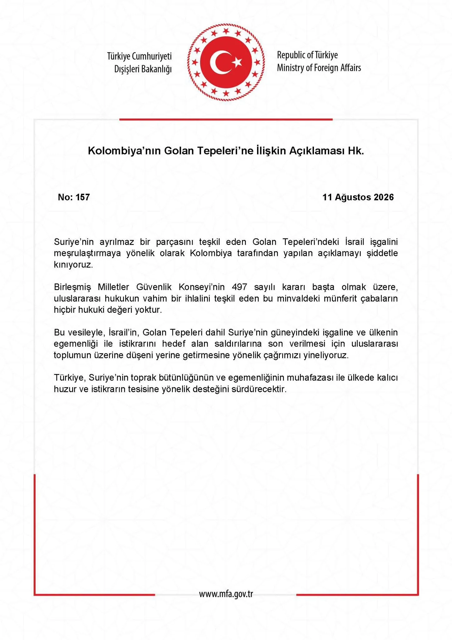 Türkiye'den Kolombiya'nın Golan Kararına Sert Tepki