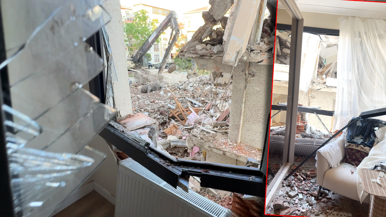 Yıkılan binanın kolonu komşu binaya saplandı, deprem paniği yaşandı